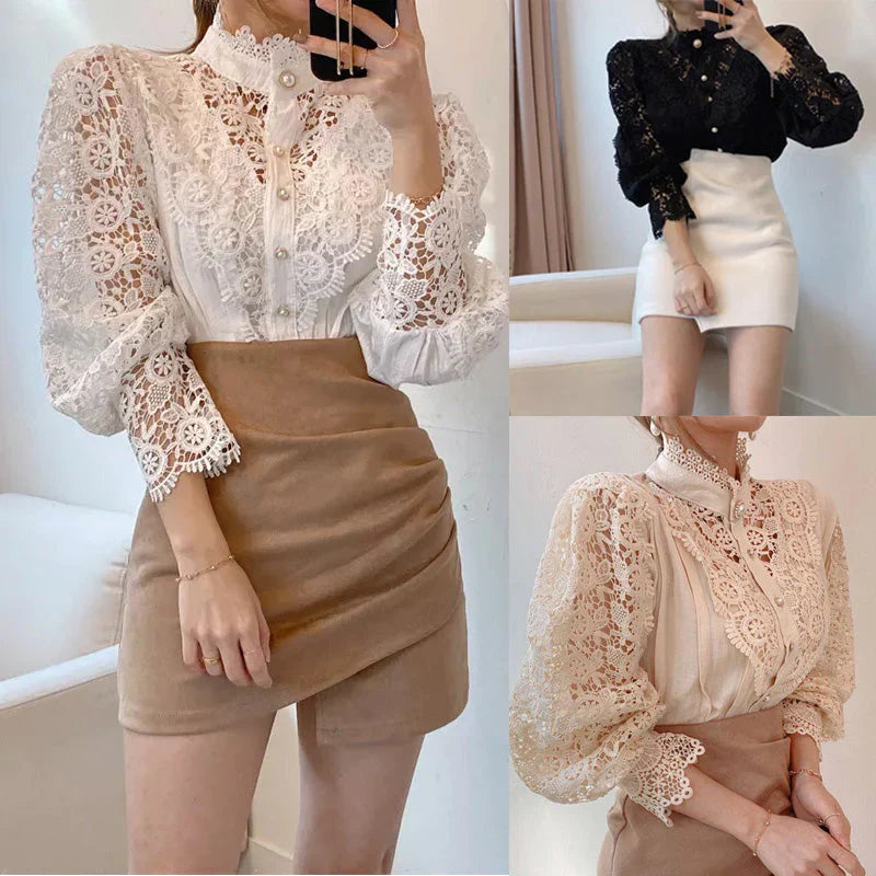 Bluse mit hohem Ausschnitt und Hohlem Blumenmuster