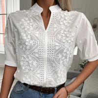 Damen Bluse V-Ausschnitt 3/4 Ärmel Englische Stickerei Florale Spitze Chic Style | Amara