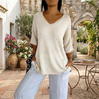 Pull Femme Oversize Col V Manches 3/4 Printemps Casual | Léonie