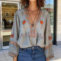 Damenbluse mit V-Ausschnitt, langen Ärmeln und besticktem Boho-Design für den Sommer | Maëva