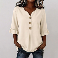 Damen Bluse V-Ausschnitt 3/4-Ärmel mit Rüschen Knöpfen Casual Sommer | Jana