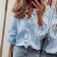 Damenbluse mit V-Ausschnitt und Volants, Langarm Elegant | Claudia