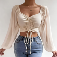 Crop Top Damen Langarm Herz-Ausschnitt Raffung Schnürung Sommer | Acalia