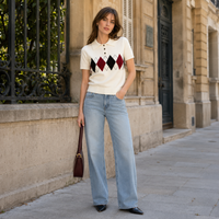 Damen Poloshirt mit kurzen Ärmeln, Knopfleiste, Rauten-Muster, schick | Eden