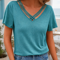 Damen T-Shirt V-Ausschnitt Mit Überkreuzten Trägern Kurze Ärmel Sommer Casual Strand | Romy