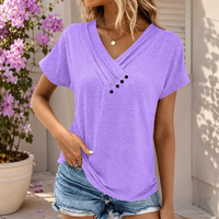Damen T-Shirt V-Ausschnitt Plissee Drapée Effekt Dekorative Knöpfe Kurze Ärmel Oversize Sommer Casual Chic | Layla
